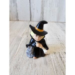 Ceramic vintage witch cat Halloween decor village